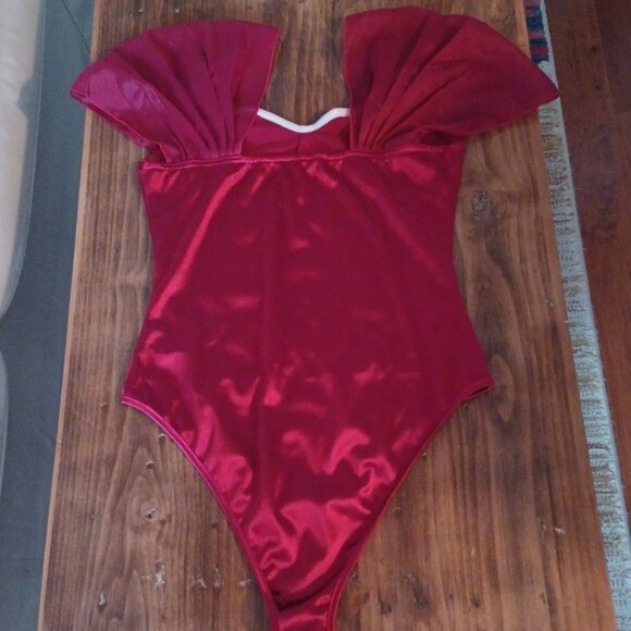 Merlot Satin Bodysuit Sweetheart Neck Sheer Puff Sleeves Size M - Picture 6 of 6